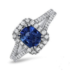 Cushion Ceylon Sapphire Diamond Ring Accents 3 Carats WG 14K