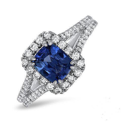 3 Carats Cushion Cut  Ceylon Sapphire Accents Round Diamond Ring Gold Jewelry Gemstone Ring