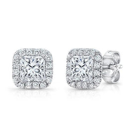 2.32 Carats Princess And Round Halo Diamond Stud Earring White Gold