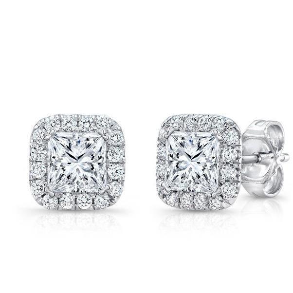 Princess And Round Halo Diamond Stud Earring White Gold Halo Stud Earrings