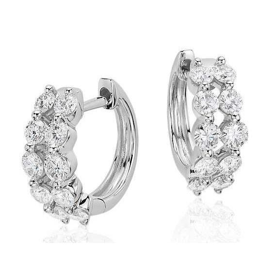 Ladies Round Cut Two Row Diamonds Women Huggies Hoop Earring 