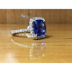 3 Ct Cushion Sri Lanka Blue Sapphire And Halo Diamond Ring