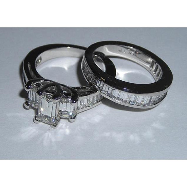 3 Ct. G Vs1 Emerald Cut & Baguettes Cut Diamond Ring Wg Three Stone Engagement Ring Set