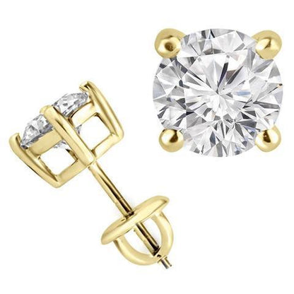 New Fancy Solitaire Round Cut Diamond Stud Earring Yellow Gold 