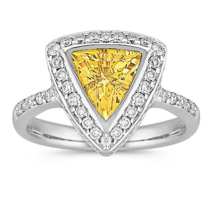  Trillion Cut Yellow Sapphire And Round Diamonds Ring White Gold Gemstone Ring