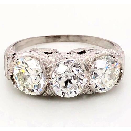 3 Stone Diamond Ring 4.50 Carats Antique Style Filigree Milgrain White Gold Three Stone Ring