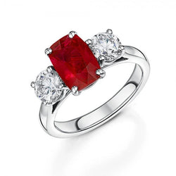3 Stone Red Ruby And Diamonds 4.50 Carats Ring 14K Gold