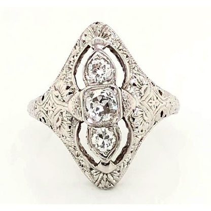 3 Stone Ring Old Miner Antique Style 1.75 Carats Filigree Milgrain White Gold 14K Three Stone Ring