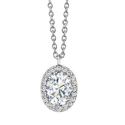 3 Carats Oval and Diamonds Pendant Necklace Gold White 14K New