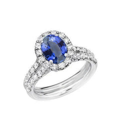 3 Ct Oval Blue Sapphire And Round Diamonds Ring White Gold 14K