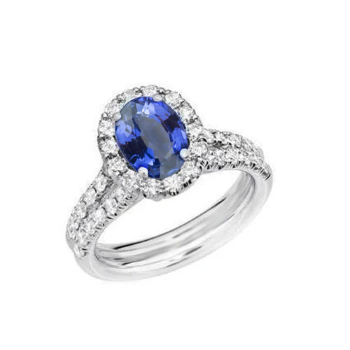 3 Ct Oval Blue Sapphire And Round Natural Earth Mined Diamonds Ring White Gold 14K