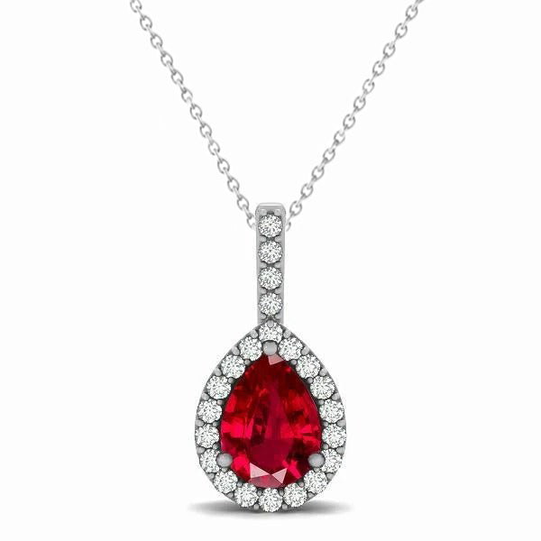 3.25 Carats Pear Ruby With Natural Earth Mined Diamonds Pendant Necklace White Gold 14K