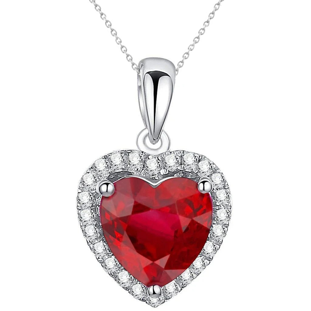 3.25 Carats Ruby And Natural Earth Mined Diamond Necklace Pendant White Gold 14K