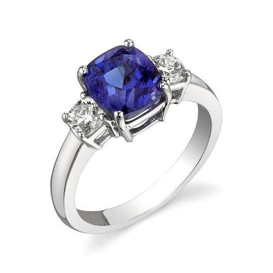 3.25 Carats Three Stone Kashmir Sapphire And Natural Earth Mined Diamonds Ring White Gold 14K