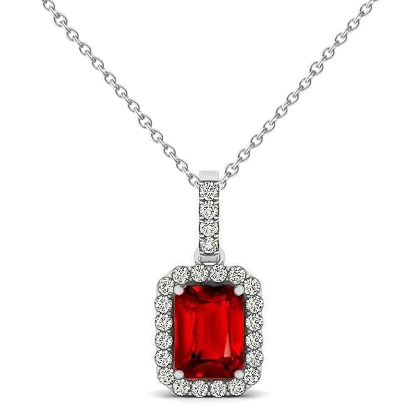 3.30 Carats Red Ruby Emerald Cut With Natural Earth Mined Diamond Pendant Gold 14K