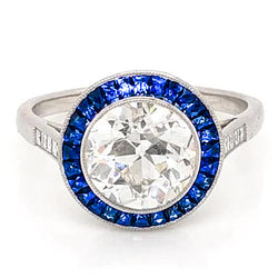 Natural  3.50 Carats Blue Sapphire Diamond Ring Old Miner White Gold 14K