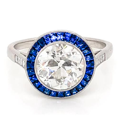 3.50 Carats Blue Sapphire Diamond Ring Old Miner White Gold 14K