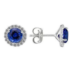 3.36 Carats Blue Sapphire Halo Diamond Stud Earrings White Gold 14K
