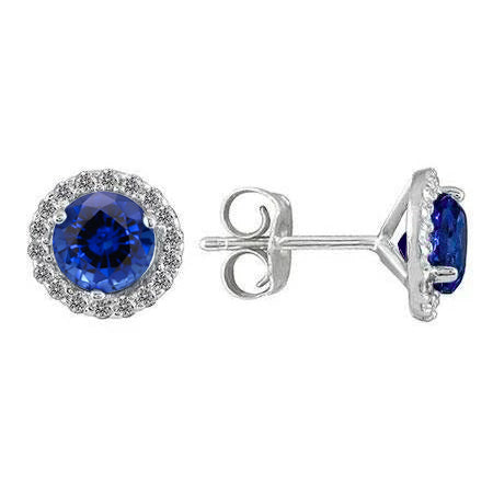 New Womans Amazing Blue Sapphire Halo Diamond Stud Earrings White Gold