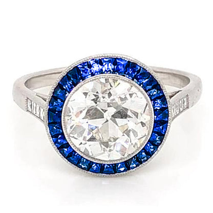 3.50 Carats Blue Sapphire Lab Grown Diamond Ring Old Miner White Gold 14K