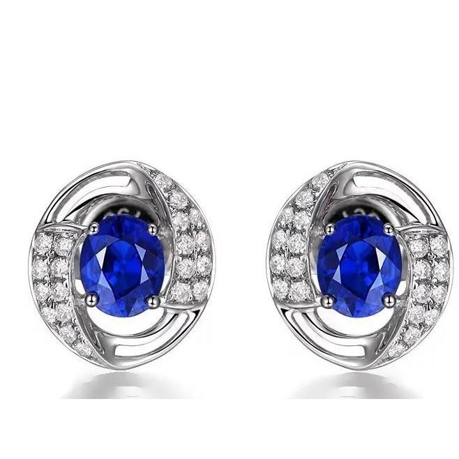 3.60 Carats Kashmir Sapphire And Natural Earth Mined Diamond Lady Stud Earrings White Gold 14K