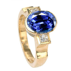 3.61 Ct Diamonds 3-Stone Sri Lanka Blue Sapphire Bezel Ring