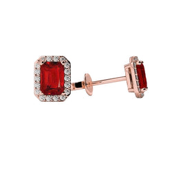 3.86 Carats Red Ruby And Natural Earth Mined Diamonds Lady Studs Earrings Rose Gold 14K