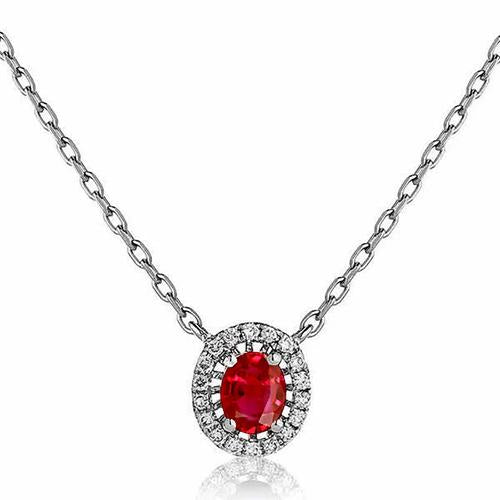 3.00 Carats Oval Ruby With Round Diamonds Pendant Necklace White Gold 14K Gemstone Pendant
