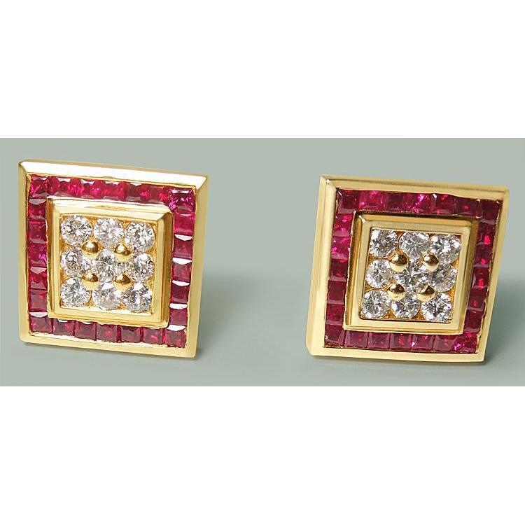 3 Carats Ruby & Diamonds Cuff Links Men'S Yellow Gold Earrings