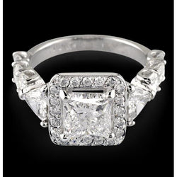Natural  3 Carat Princess Center Halo Diamond Ring Solid White Gold 14K