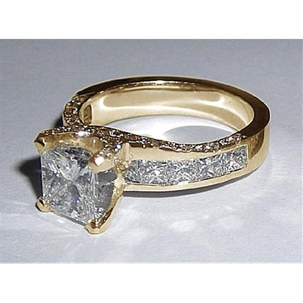  Princess Cut Diamonds Fancy Engagement Gold Solitaire Ring with Accents