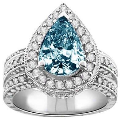 New Fancy Stylish   Blue Pear & White Round Diamonds  White Gold   Ring