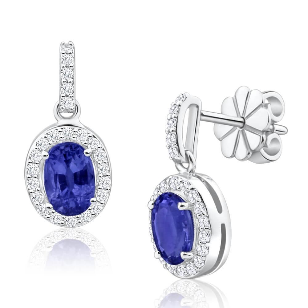  Ladies Brilliant  Ceylon Sapphire With Diamond Dangle Earring White Gold  