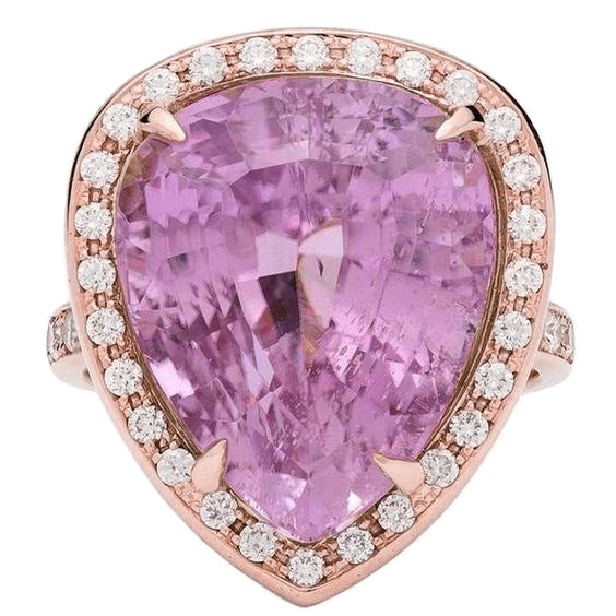 High Quality Fancy Pear Cut Kunzite With Diamond Ring  Gold Rose New