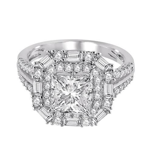 3.25 Carat Princess Baguette Center Diamond Engagement Ring Halo Ring
