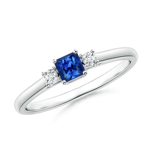 Lady’s  Style  Three Stone Ceylon Sapphire And Diamonds Ring White Gold