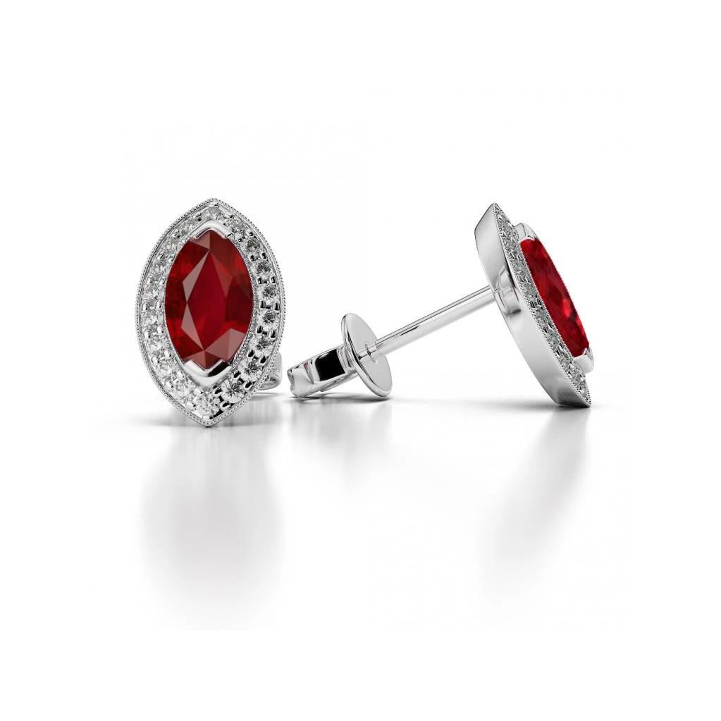  Lady’s  Round Anniversary  Marquise Cut Ruby And Diamonds Ladies Halo Studs White Gold   Gemstone Earring