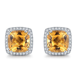 34.80 Ct Cushion Madeira Citrine & Natural Earth Mined Diamonds Stud Earrings Gold 14K