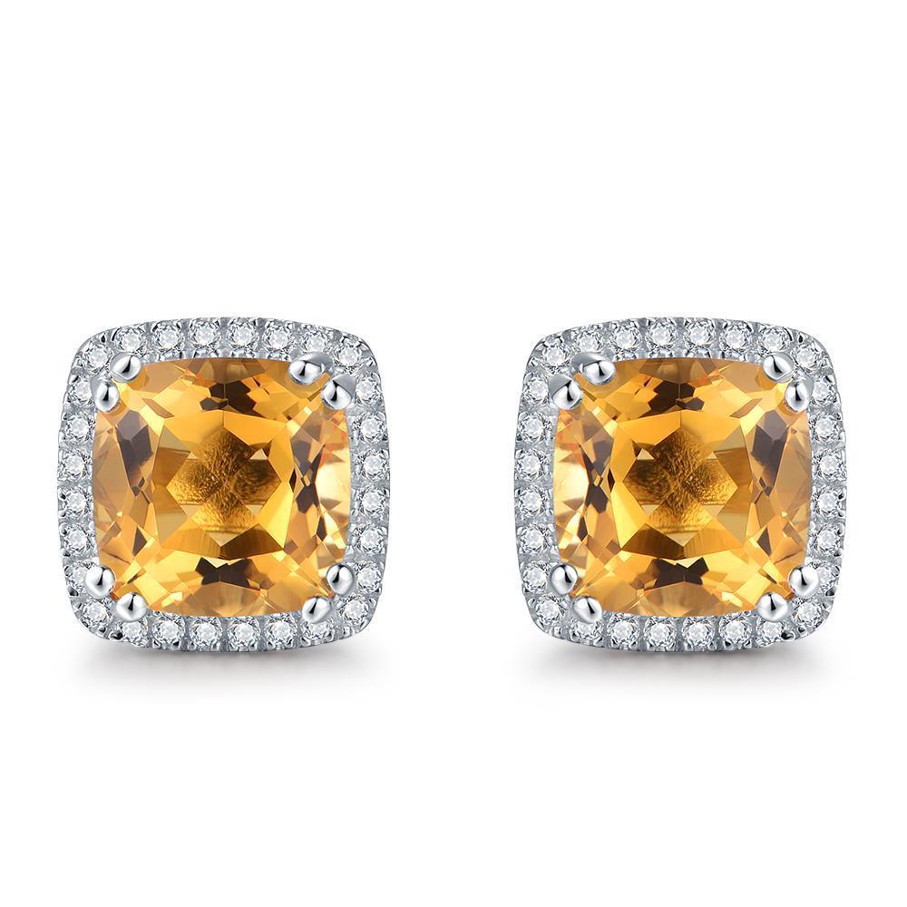  Ladies New weeding   Cushion Madeira Citrine & Diamonds Stud Earrings Gold  
