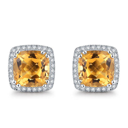  Ladies New weeding   Cushion Madeira Citrine & Diamonds Stud Earrings Gold  