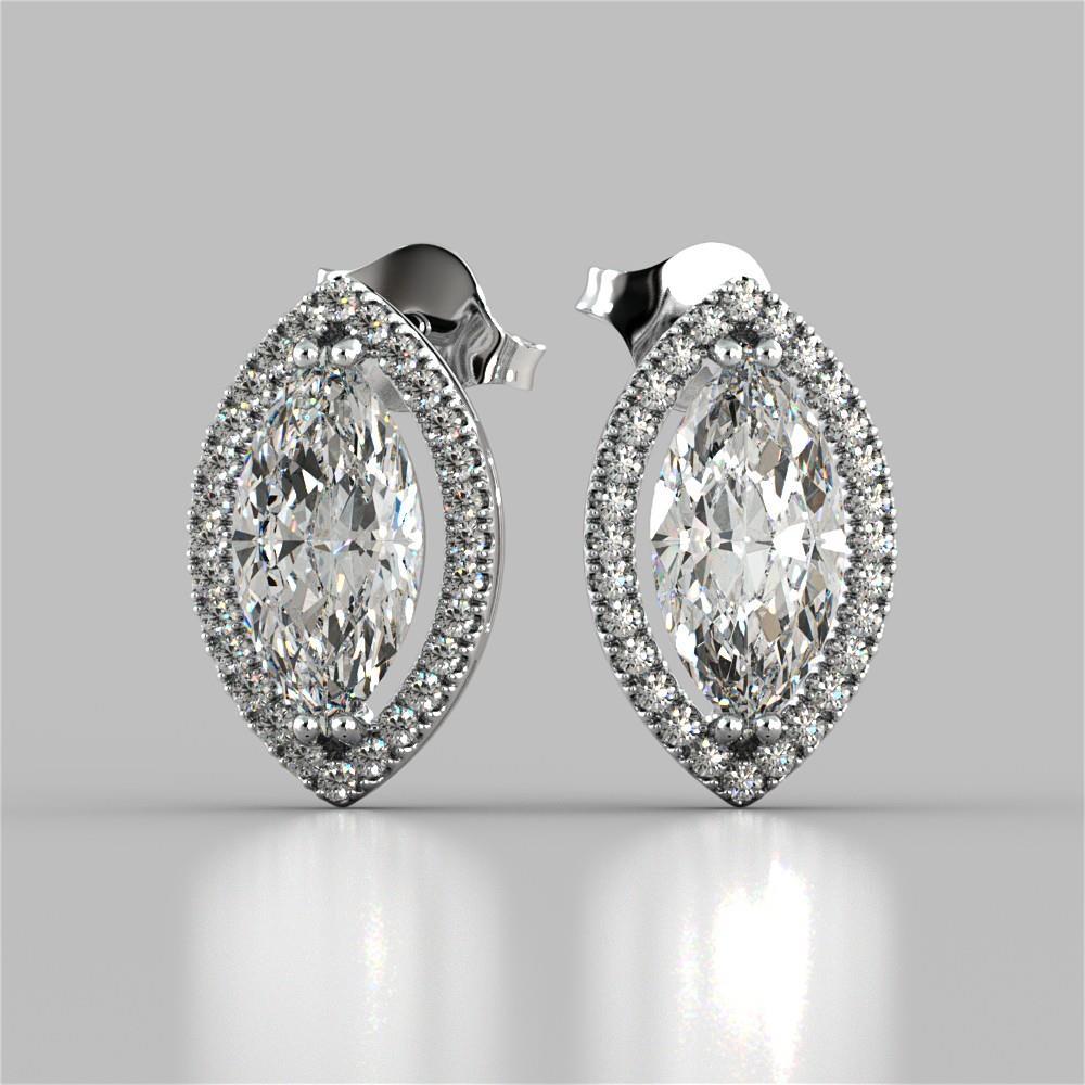 Marquise And Round Halo Diamond Stud Earring White Gold 