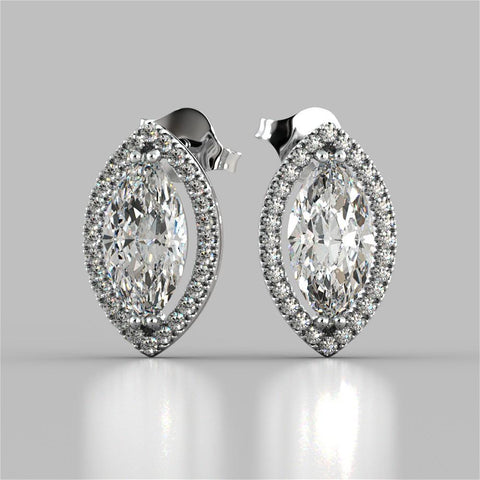  Marquise And Round Halo Diamond Stud Earring White Gold 