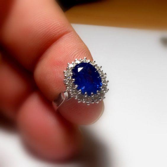 Princess Cut Oval Shaped Ceylon Sapphire Round Diamond Ring White Gold  Gemstone Ring