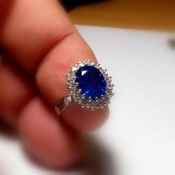 Princess Cut Oval Shaped Ceylon Sapphire Round Diamond Ring White Gold  Gemstone Ring