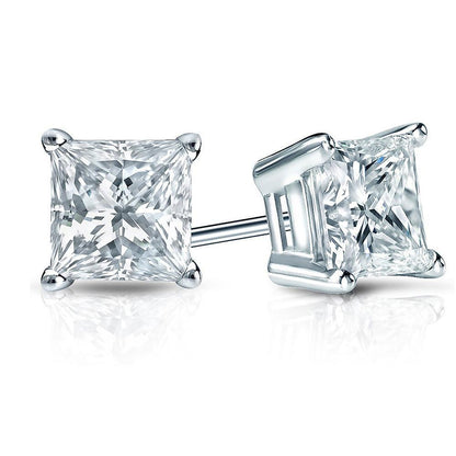Princess Cut Diamond Stud Earring Pair White Gold Fine 