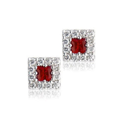 Ruby & Pave Diamond Halo Stud Earrings Prong Set 3.50 Carat WG 14K