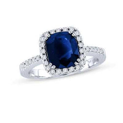 3.50 Carats Ceylon Blue Sapphire Halo Diamonds Ring White Gold 14K