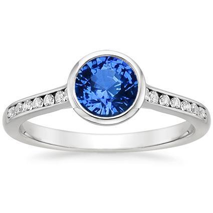 Lady’s Brilliant  Bezel Set Round Ceylon Sapphire And Diamonds  White Gold  Gemstone Ring
