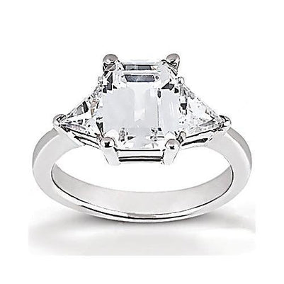 3.51 Ct. Emerald & Trillion Cut Diamond Wedding Big Ring White Gold Three Stone Three Stone Ring