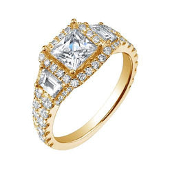 Real  Princess Center Diamond Halo Engagement Ring 3.50 Cts. Yellow Gold